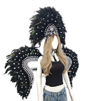 Carnival Elegant Ladies Feather Headdress Wings Two-Piece Role Play Catwalk Halloween Masquerade Carnival Party Suit