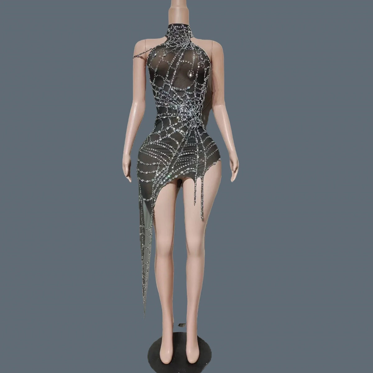 Sparkly Silver Rhinestone Spider Web Mesh Stage Performance Costume Set