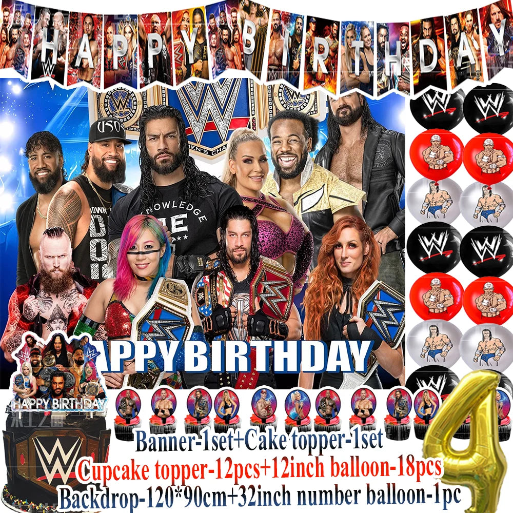 Sport-&Wrestling&Triathlon Boys Birthday Party Supplies Decor Boxing Match Balloon Cake Topper Banner Backdrop Baby Shower Props