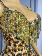 Leopard Print Crystal Sling Showgirl Mini Dress – Glamour Stage Performance Costume
