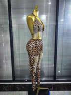 Women's Leopard Print Diamond Chain 2-Piece Bodycon Set | Slim Sequin Outfit for Nightclub & Stage