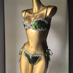 Emerald Green Rhinestone String Bikini Set Crystal Costume Set Beach Pool Party
