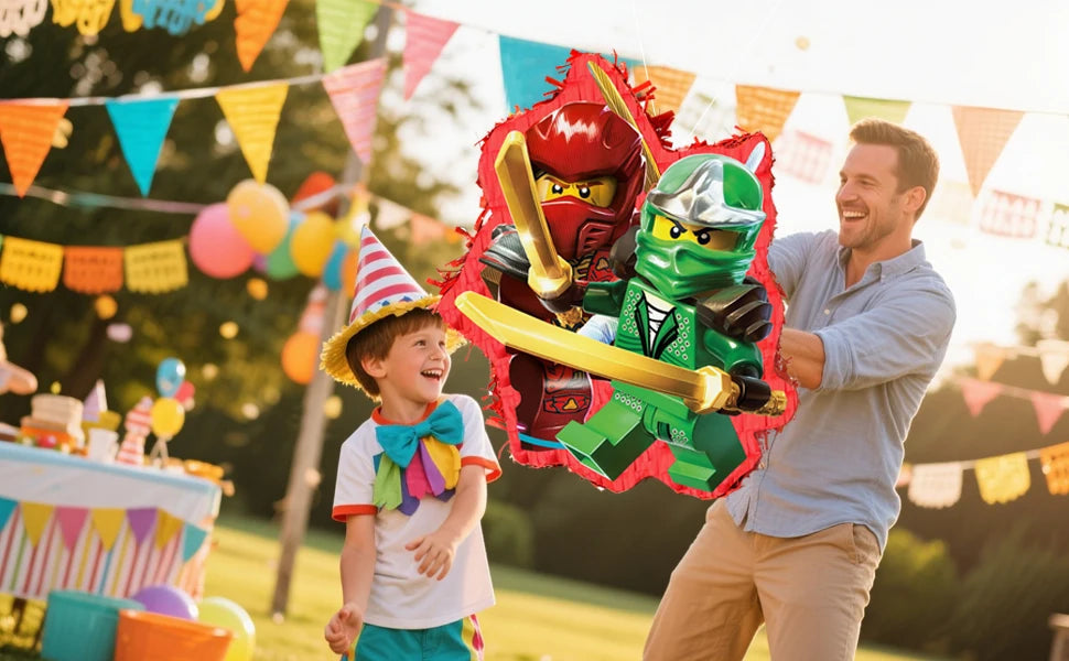 4 Pcs Ninja Party Pinata Bundle-Large Ninja Piñata Blindfold&Pinata Stick etc Ninja Birthday Party Supplies for Boys/Girls