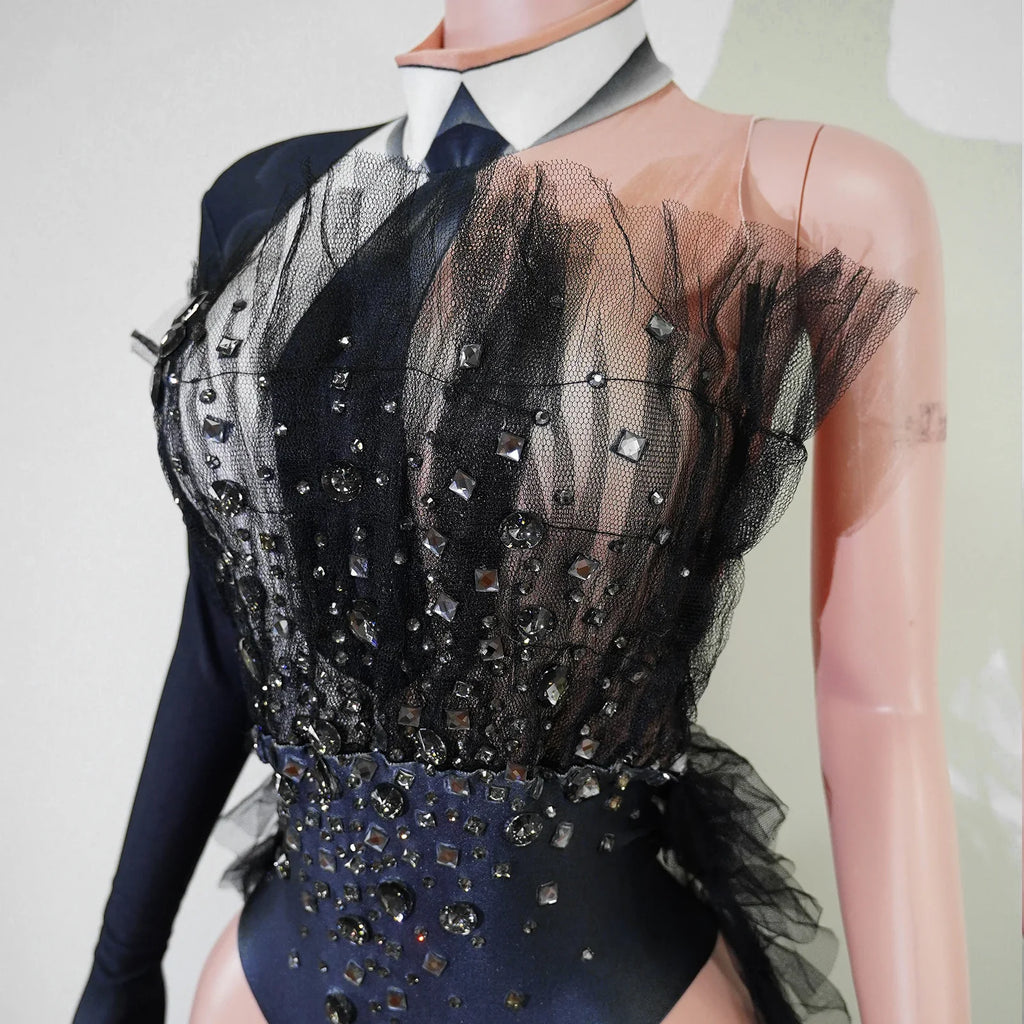 Black Rhinestone One-Shoulder Bodysuit & Trailing Tulle Train Stage Costume Set