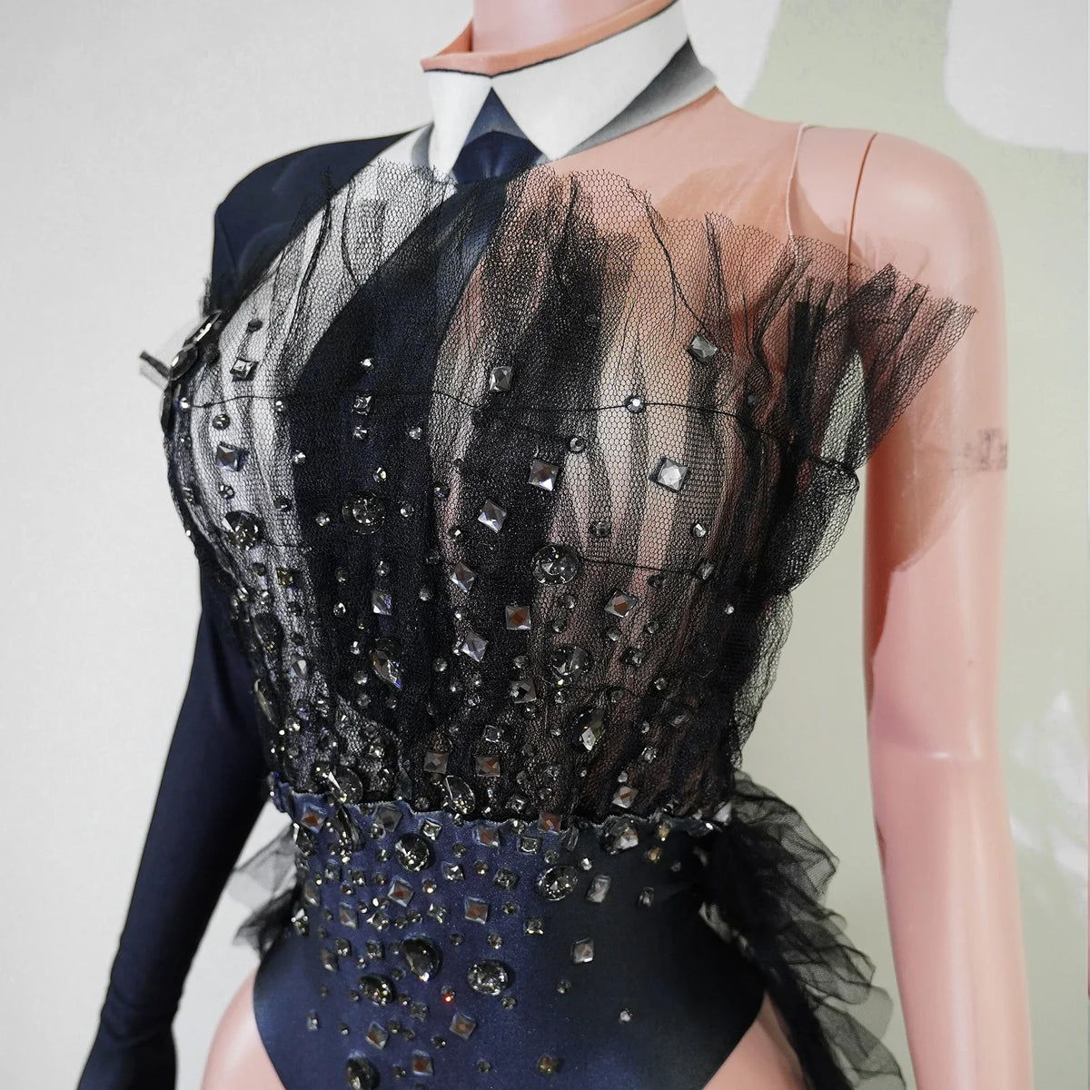 Black Rhinestone One-Shoulder Bodysuit & Trailing Tulle Train Stage Costume Set