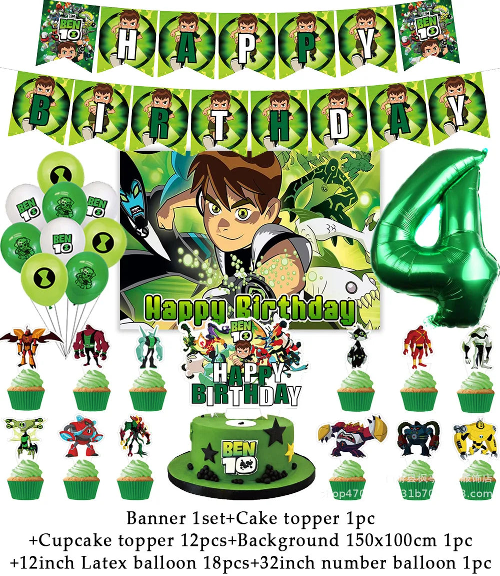 Cartoon Ben-10 Birthday Party Decoration Balloons Favor Set Banner Cake Toppers Baby Shower Boys Gift Party Supplies Photo Prop