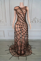 Dramatic Spider Web Crystal Mesh Floor-Length Sheath Dress Stage Costume