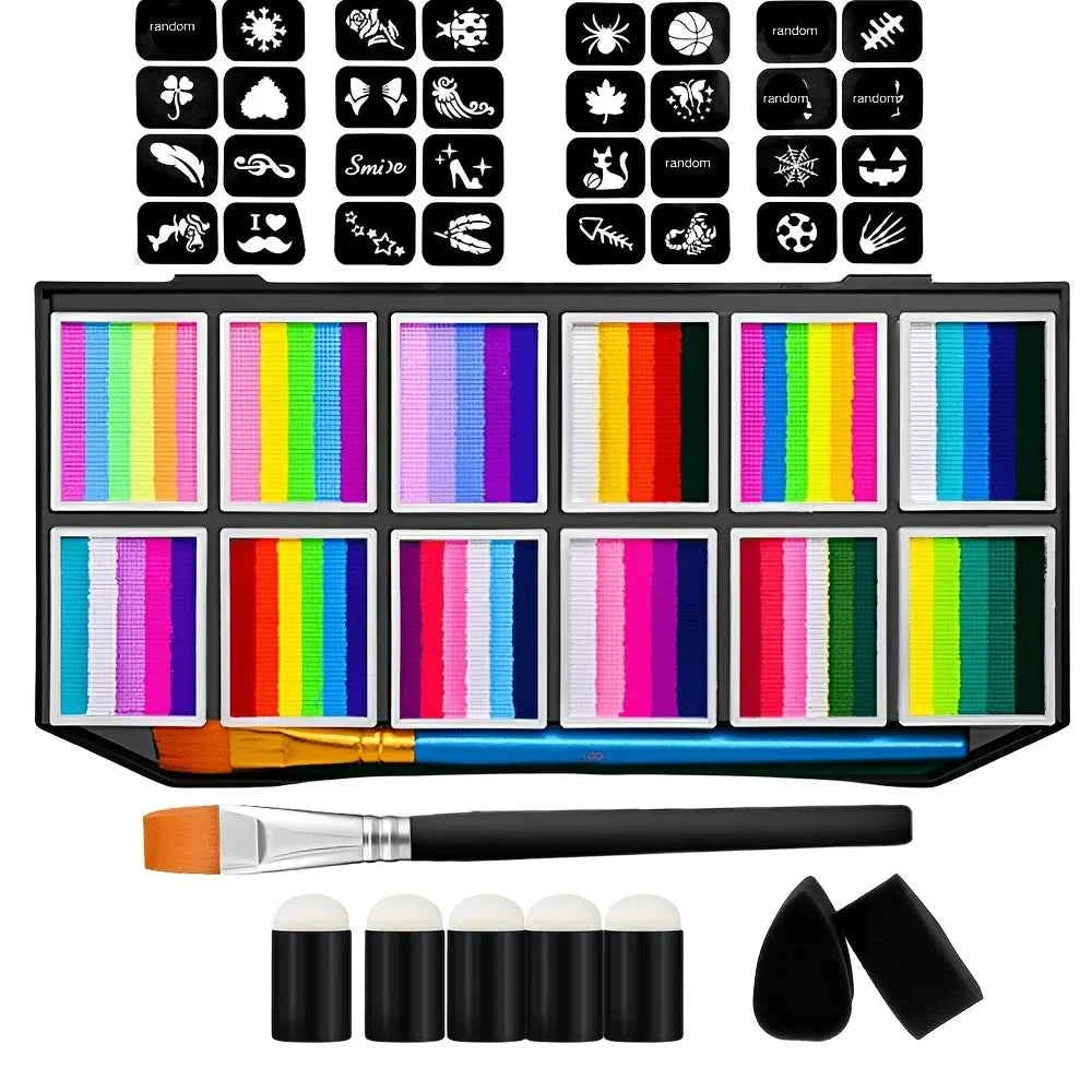75-Color Face and Body Paint Palette + 32 Stencils, Bright and Long-Lasting Colors, Suitable for Festival Party Face Makeup, Bod