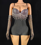 Black Spandex Crystal Tassel Bodysuit with Matching Gloves Stage Performance Set