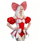 Red White Bow Rhinestones Bodysuit Women Candy Striped Headgear Costume Nightclub Dancer Team Performance Outfit
