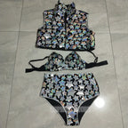 Silver Laser Star Sequin 3-Piece Showgirl Costume Set – Velvet Stage Performance Vest, Bra & Shorts