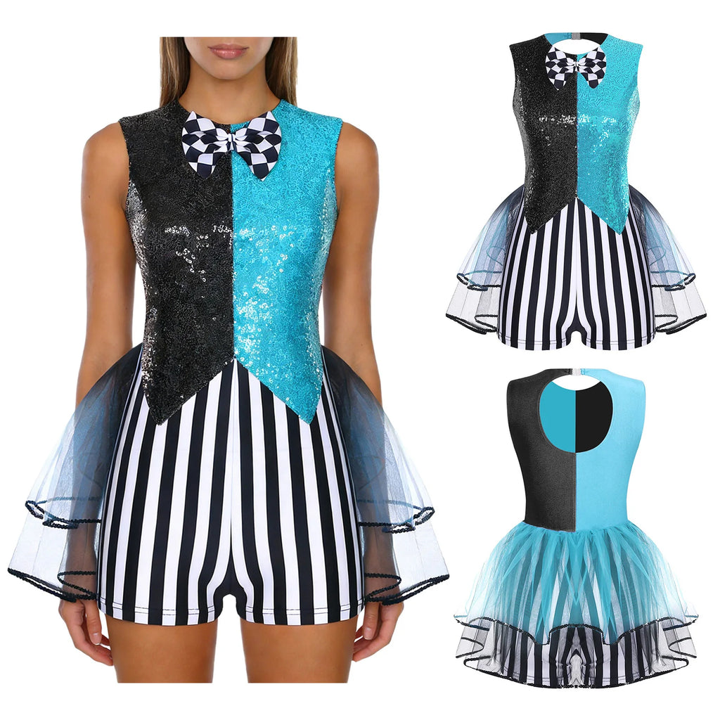 Womens Circus Clown Mad Hat Cosplay Costume Jumpsuit Sequin And Striped Patchwork Checker Bowtie Tiered Tulle Hem Cutout Rompers - Big Tim's Magic Emporium