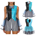 Womens Circus Clown Mad Hat Cosplay Costume Jumpsuit Sequin And Striped Patchwork Checker Bowtie Tiered Tulle Hem Cutout Rompers - Big Tim's Magic Emporium
