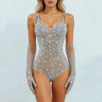 Silver Rhinestone Mesh Showgirl Bodysuit with Matching Crystal Gloves – Glamour Stage Performance Costume Set