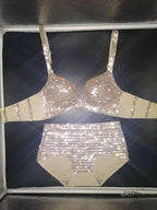 Dazzling Shimmer Crystal Bikini & High-Waist Dance Performance Costume Set