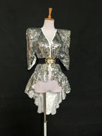 Sequined Shoulder Pad Tuxedo Leotard & Stage Performance Costume