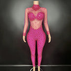 Women's Rhinestone Mesh Jumpsuit | Sheer Party & Stage Outfit