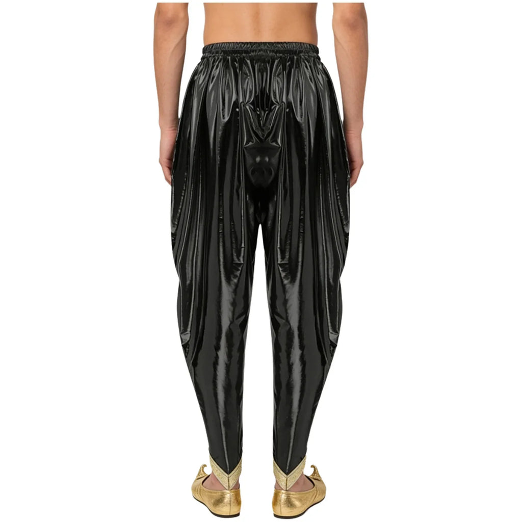 Men's Metallic Shiny Harem Dhoti Pants Gold Brocade Trim Prince Cosplay Costume