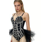 Black Beaded Chain Fringe Showgirl Bodysuit – Glamour Stage & Festival Performance Costume