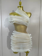 Vintage-Inspired White One-Shoulder Mesh Party Dress