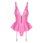 Glossy Wet-Look Halter Romper Bodysuit with Flared Skirt Hem & Integrated Garters