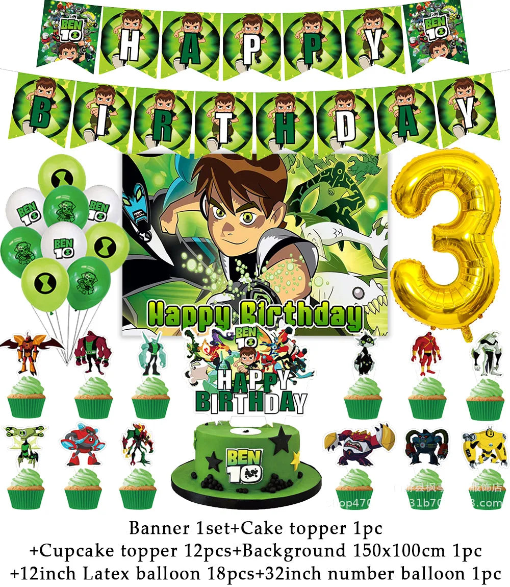 Cartoon Ben-10 Birthday Party Decoration Balloons Favor Set Banner Cake Toppers Baby Shower Boys Gift Party Supplies Photo Prop