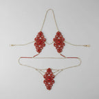 Exaggerated Red Rhinestone Floral Body Chain & Chest Harness Set