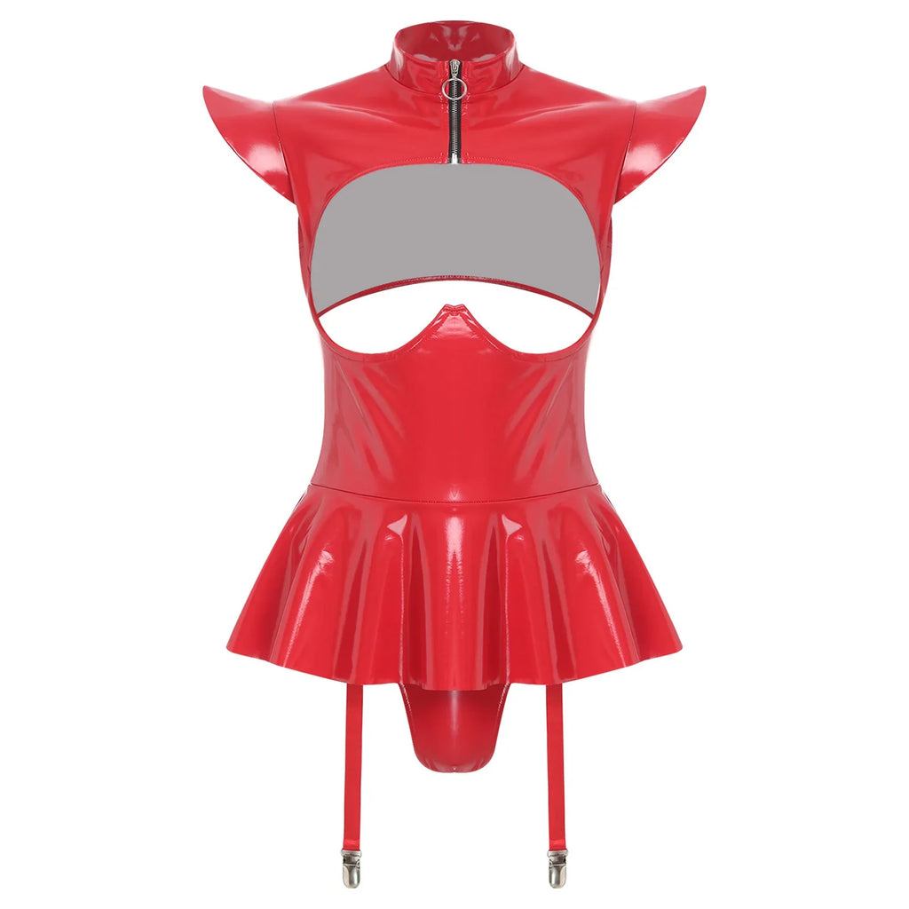 Glossy Wet-Look Halter Romper Bodysuit with Flared Skirt Hem & Integrated Garters