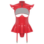 Glossy Wet-Look Halter Romper Bodysuit with Flared Skirt Hem & Integrated Garters