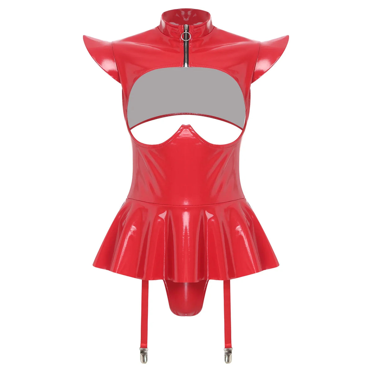 Glossy Wet-Look Halter Romper Bodysuit with Flared Skirt Hem & Integrated Garters