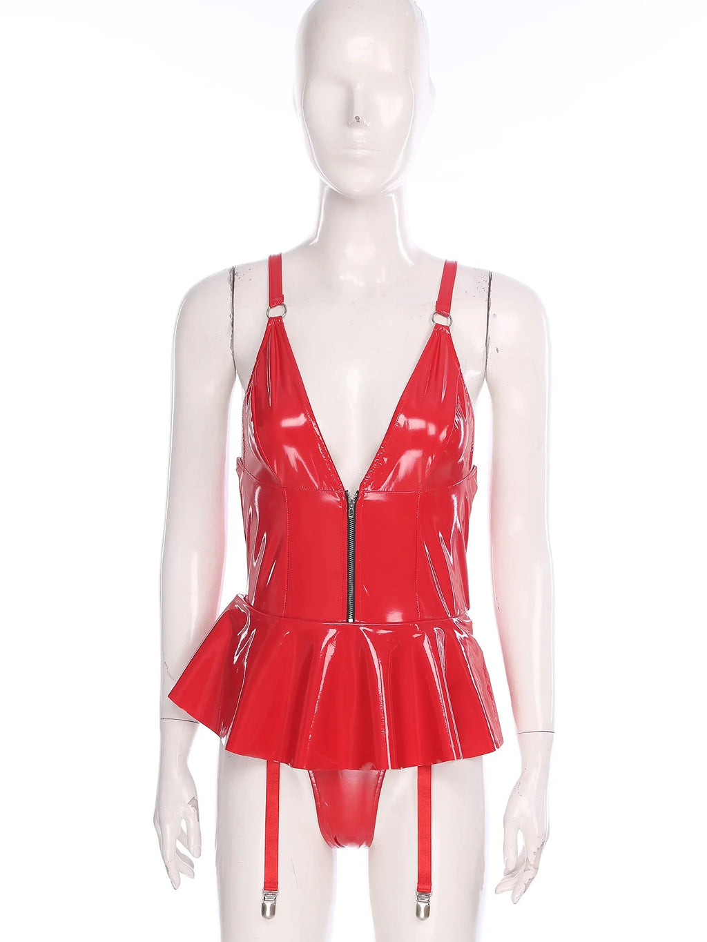 Glossy Wet-Look Halter Romper Bodysuit with Flared Skirt Hem & Integrated Garters