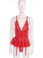 Glossy Wet-Look Halter Romper Bodysuit with Flared Skirt Hem & Integrated Garters