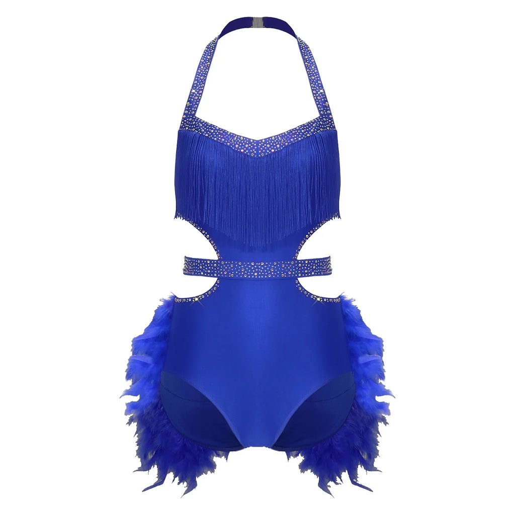 Glittery Rhinestone & Faux Feather Latin Dance Leotard Halter Bodysuit