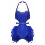 Glittery Rhinestone & Faux Feather Latin Dance Leotard Halter Bodysuit