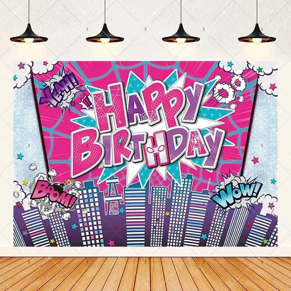 Customized Photography Studio Props Cartoon Superhero City Background Fecoration Children's Happy Birthday Outdoor Party Banner