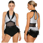 Women's Shiny Sequin Sheer Mesh Feather Latin Jazz Dance Bodysuit