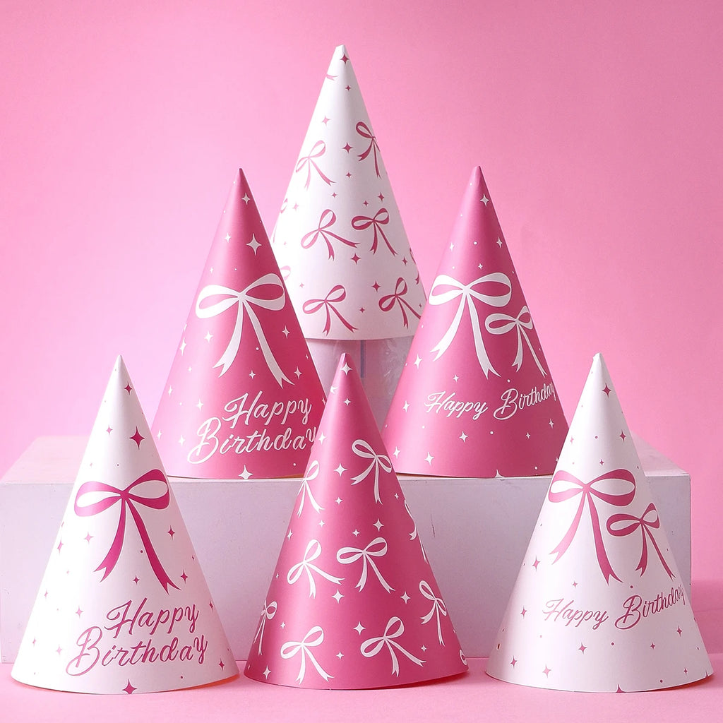 6 Pink Bow-Themed Party Paper Hats, Cute and Beautiful Pink Bow Designs, Suitable for Birthday Parties, Gender Reveal Parties, Birthday Gifts, Pink Bow Decoration Birthday Hats, Baby Party Photography Props, Party Favors, Gen - Big Tim's Magic Emporium