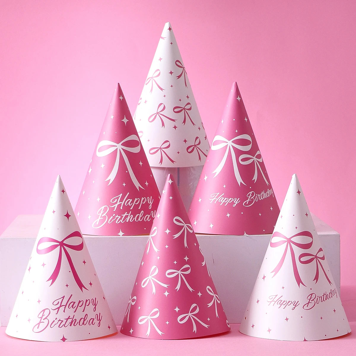 6 Pink Bow-Themed Party Paper Hats, Cute and Beautiful Pink Bow Designs, Suitable for Birthday Parties, Gender Reveal Parties, Birthday Gifts, Pink Bow Decoration Birthday Hats, Baby Party Photography Props, Party Favors, Gen - Big Tim's Magic Emporium