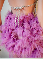 Purple Spiderweb Rhinestone Halter Bodysuit & Trailing Ruffle Tulle Skirt 2-Piece Stage Costume Set