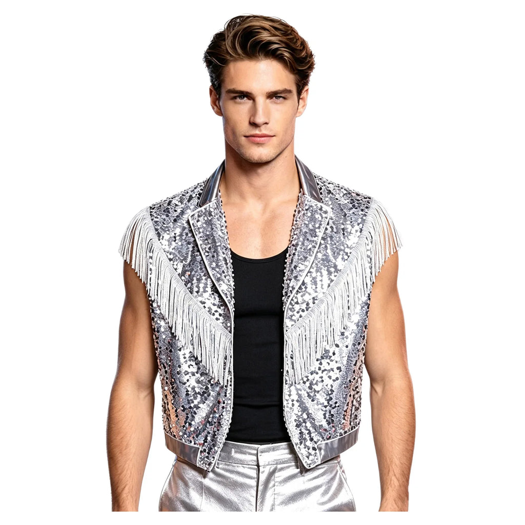 Men's Metallic Sequin Tassel Open-Front Vest Lapel Collar Sleeveless Stage Dance Waistcoat