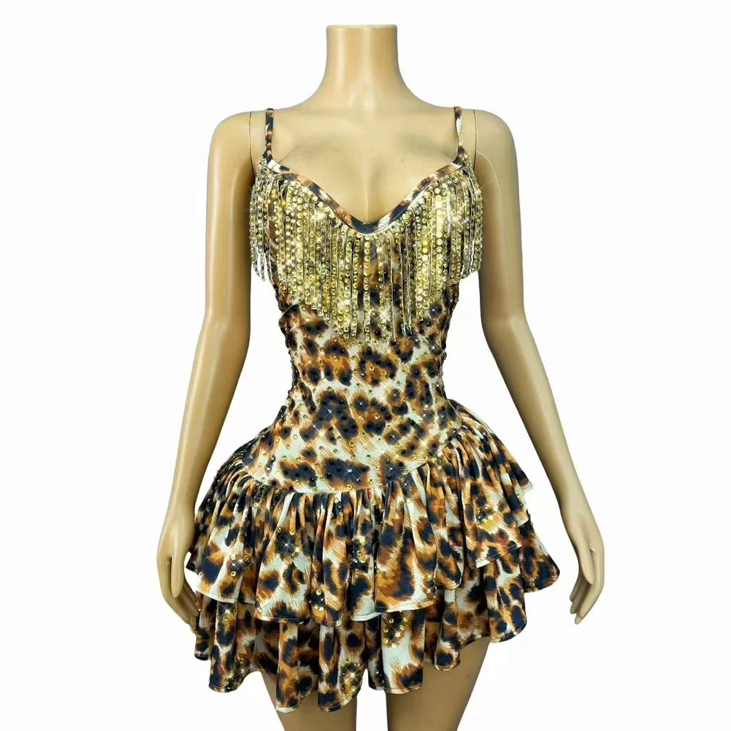 Leopard Print Crystal Sling Showgirl Mini Dress – Glamour Stage Performance Costume