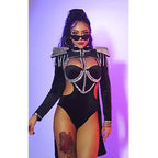 Black Rivet Chain Epaulet Cloak Showgirl Bodysuit Set – Glamour Stage Performance Costume