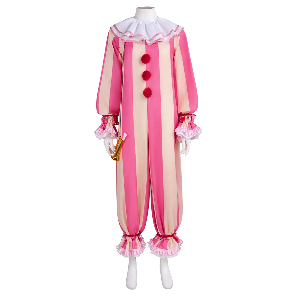 Playful Circus Clown Cosplay Costume Pink Striped Jumpsuit for Men Women Halloween Party Carnival Disguise Dress Outfits - Big Tim's Magic Emporium