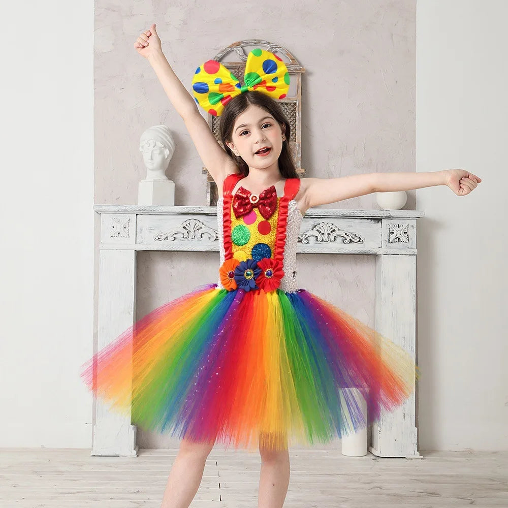 Clown Multicolored Circus Costume for Girls Funny Joker Halloween Tutu Dress Kids Fancy Birthday Party Pageant Carnival Clothes - Big Tim's Magic Emporium