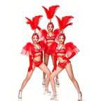 Red Feather Beading Headgear Bikini Dance Outfit Women Nightclub Party Show Stage Wear Bar Concert Singer Performance Costume