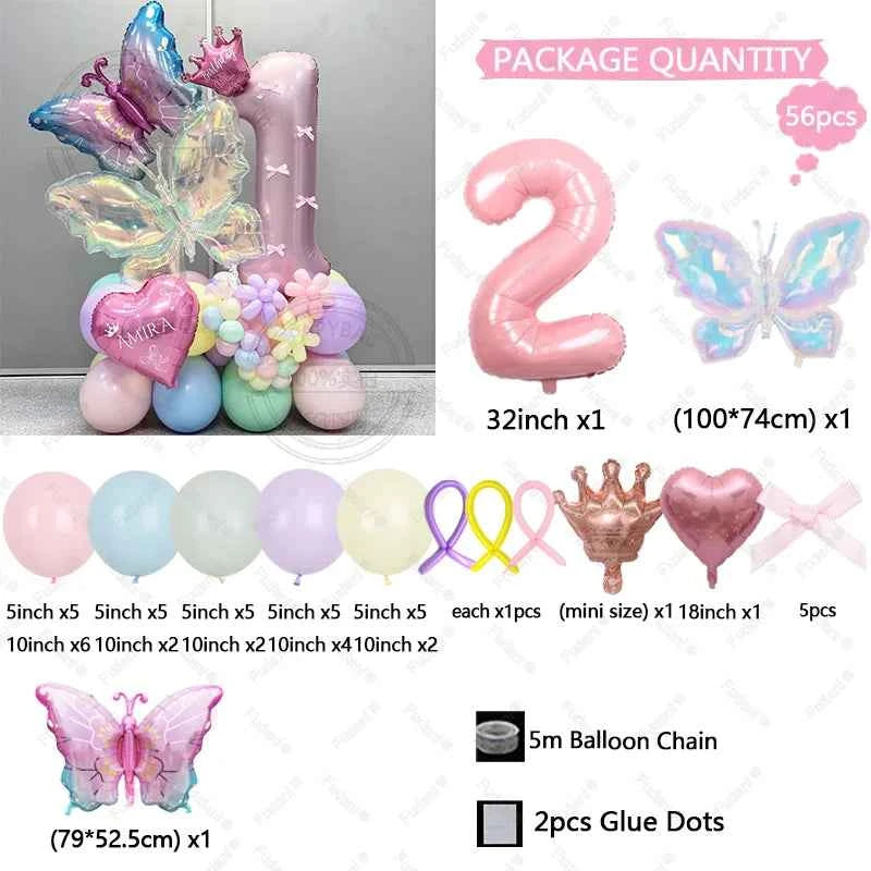 56pcs Colorful Butterfly Love Balloon Pink Number Birthday Balloon Set Festival Party Decoration Children's Baptismal Supplies