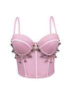 Mesh Bustier Corset Crop Top Diamond Embroidery Tassel Evening Party Bralette
