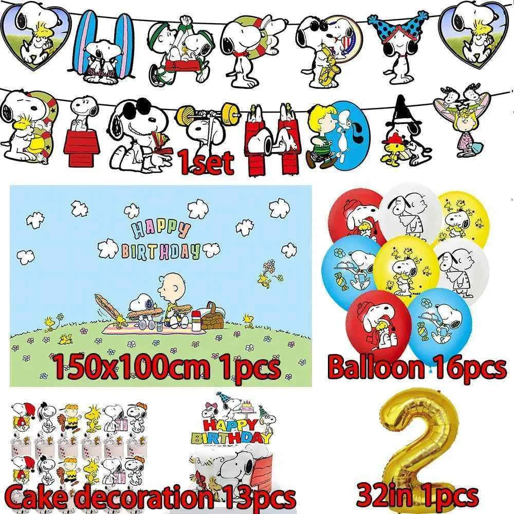Cartoon Snoopys Birthday Decoration Set Banners Cake Toppers Balloons Backdrops Kids Birthday Gifts Baby Shower Party Supplies
