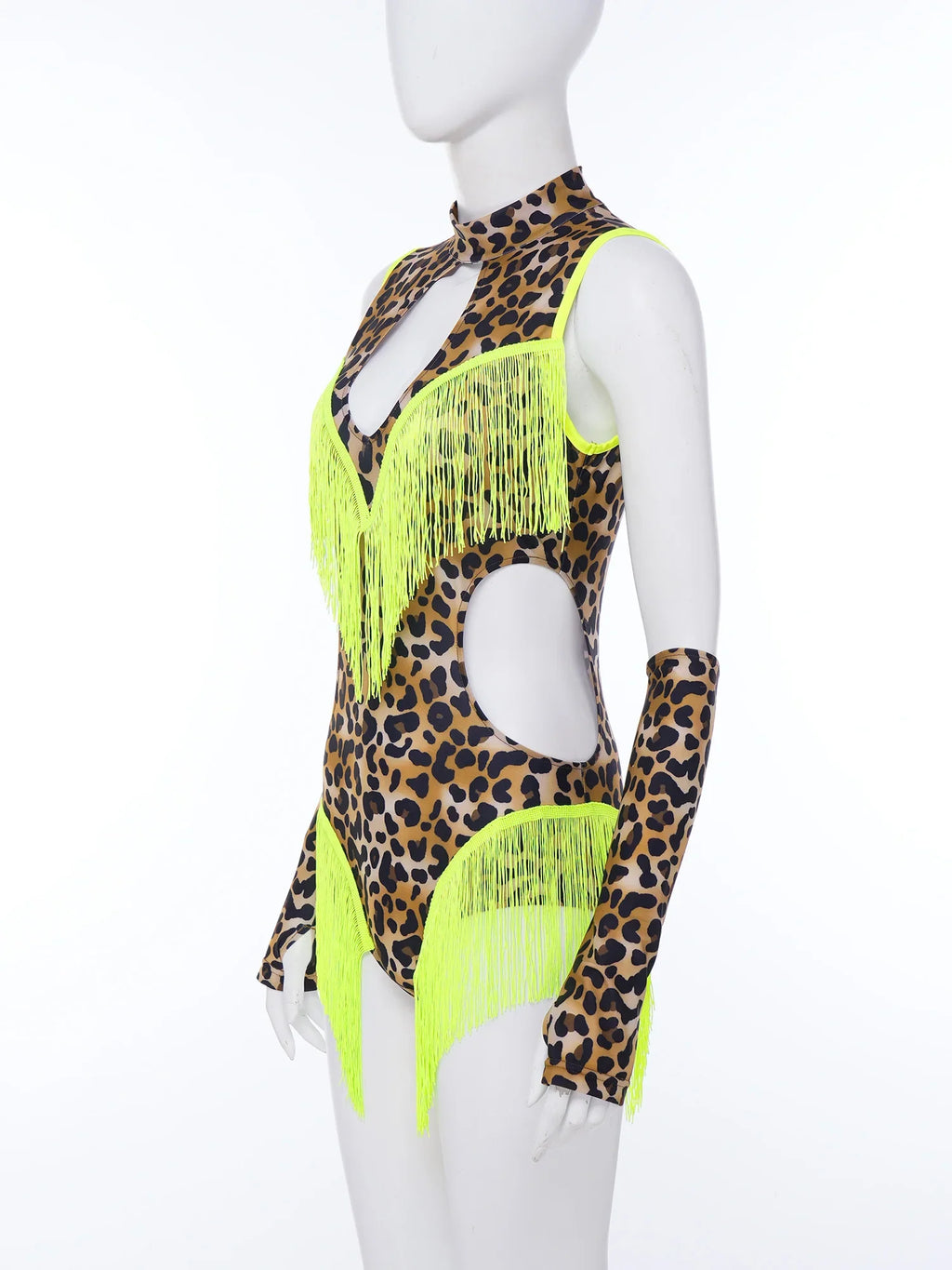 Leopard Cutout Bodysuit & Fringe Sleeves 2-Piece Latin Ballroom Stage Costume Set