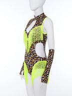 Leopard Cutout Bodysuit & Fringe Sleeves 2-Piece Latin Ballroom Stage Costume Set